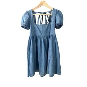 ASOS Women's Blue Denim Babydoll Puffed‎ Sleeve Tie Back Mini Dress 6